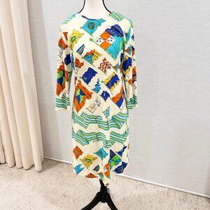 J. McLaughlin Colorful Flag Print Dress Size M 3/4 Sleeve Shift Dress